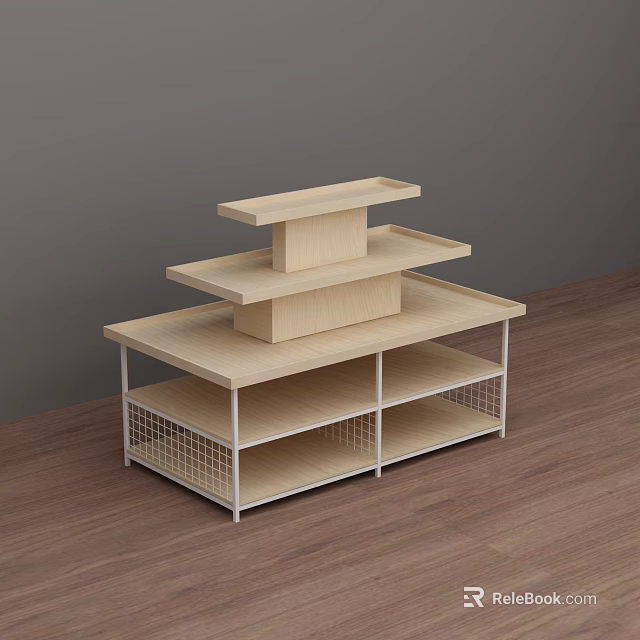Toy Gift Shop Wooden Multi Tiered Display Shelf With Wire Mesh Storage 3d model 