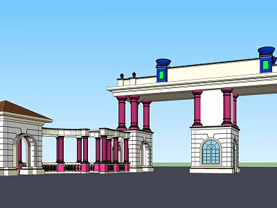 Elegant Entrance Gate With Arched Design Pink Columns White Walls And Blue Top Decorations 3d model