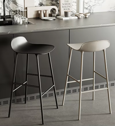 Modern Minimalist Black and White Bar Stools with Curved Backrest at Kitchen Counter 3d model