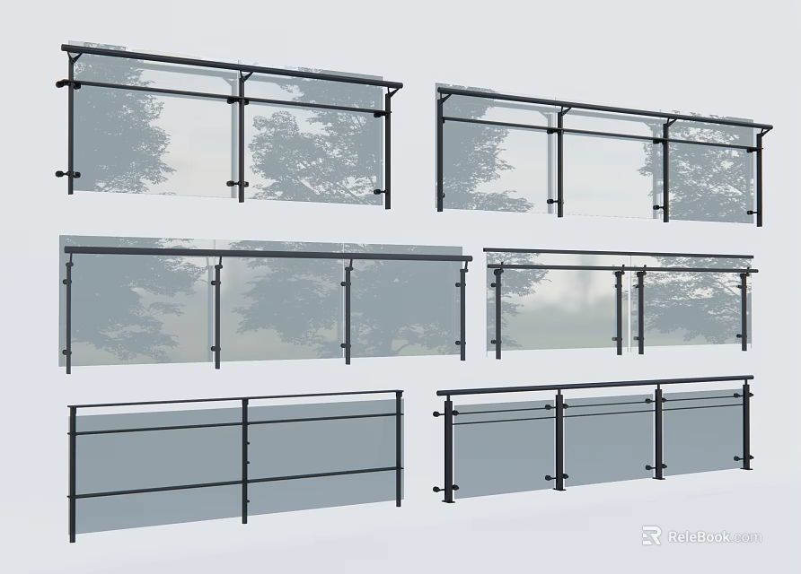Modern Glass Railings Design With Metal Frames And Transparent Panels 3d model 