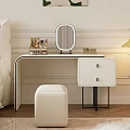 Modern White Dressing Table With Round Mirror Cosmetics Drawers And Stool 3d model
