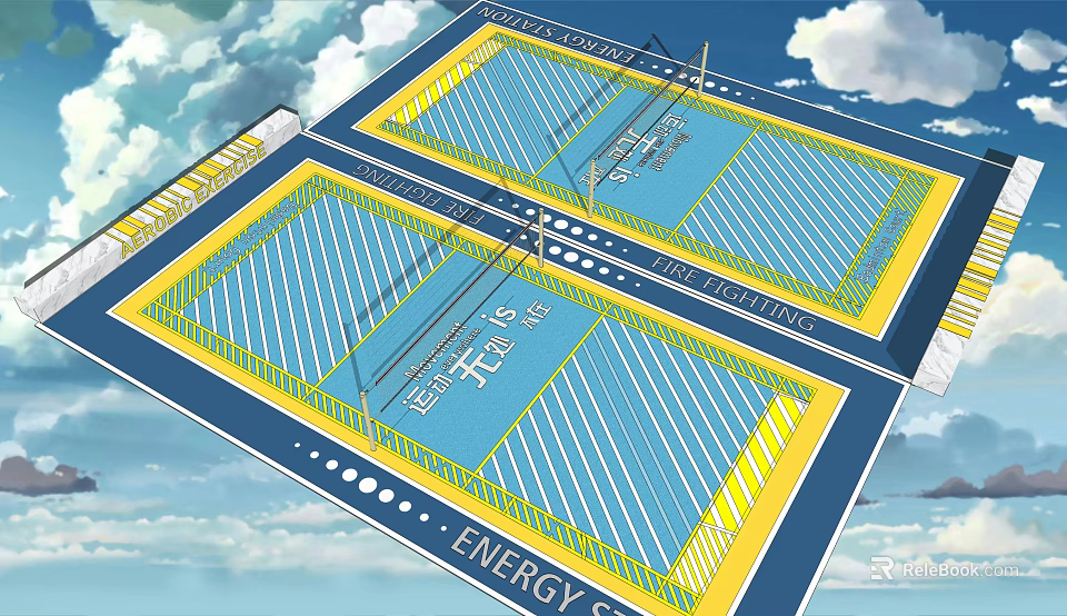 Fitness Training Fields With Blue And Yellow Tracks For Energy Boost 3d model 