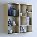 Stylish Ceramic Vessels With Blue Tones Various Shapes And Geometric Patterns On Display Shelf