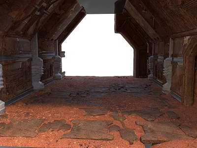 Ancient Architecture Interior With Wooden Structure Damaged Floor And Archway 3d model