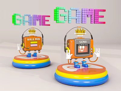 Colorful GAME Text With Cartoon Characters Wearing Headphones Crowns On Colorful Bases 3d model