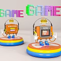 Colorful GAME Text With Cartoon Characters Wearing Headphones Crowns On Colorful Bases