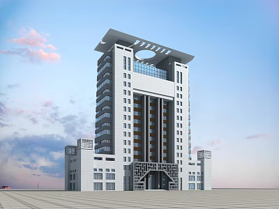 Modern High Rise Office Building With Glass Curtain Wall And Unique Roof Design 3d model
