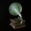Vintage Gramophone With Colorful Decorative Horn And Wooden Carved Base Design