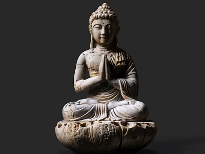 Traditional Wooden Buddha Shrine Cabinet Featuring Seated Buddha Statue On Lotus Base 3d model
