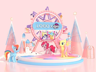 Vibrant My Little Pony Photo Spot With Pink Ferris Wheel Rainbow Elements And Spire Buildings 3d model