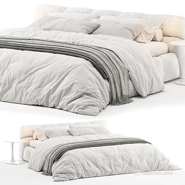 Modern Double Bed With White Bedding Soft Pillows And Side Nightstand 3d model 