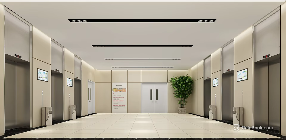 Modern Elevator Hallway with Elevators White Doors Signage Lighting and Green Plant 3d model