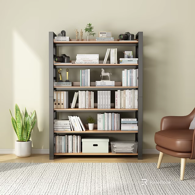 Modern Multi Tiered Bookcase With Books Decorative Items Next To Brown Chair And Green Plant 3d model 