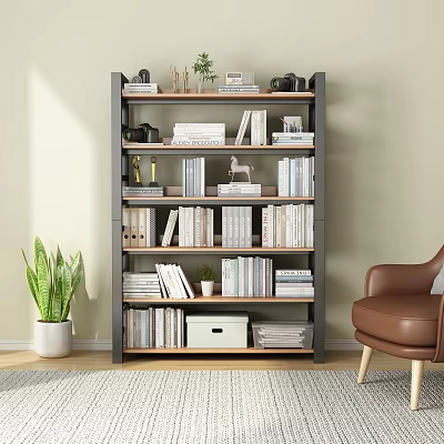 Modern Multi Tiered Bookcase With Books Decorative Items Next To Brown Chair And Green Plant 3d model