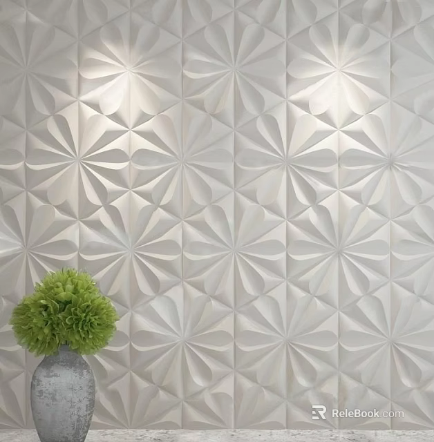 3D Textured Background Wall With Geometric Flower Patterns And Green Plant Decor 3d model 
