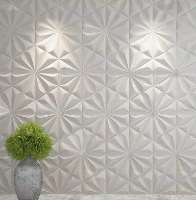 3D Textured Background Wall With Geometric Flower Patterns And Green Plant Decor 3d model