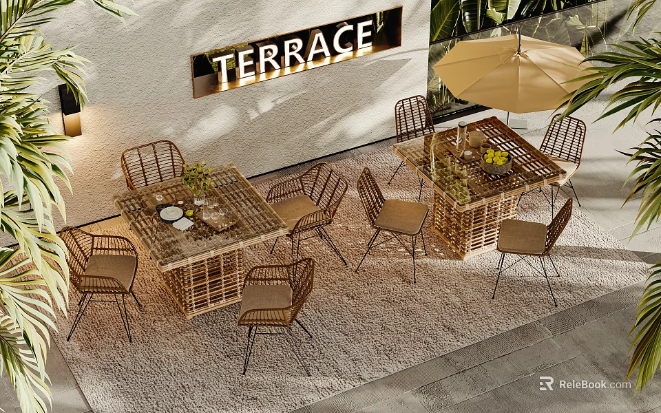 Outdoor Terrace Rattan Table and Chair Set With Umbrella Plants and Dining Accessories 3d model 