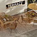 Outdoor Terrace Rattan Table and Chair Set With Umbrella Plants and Dining Accessories