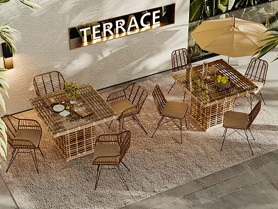 Outdoor Terrace Rattan Table and Chair Set With Umbrella Plants and Dining Accessories 3d model
