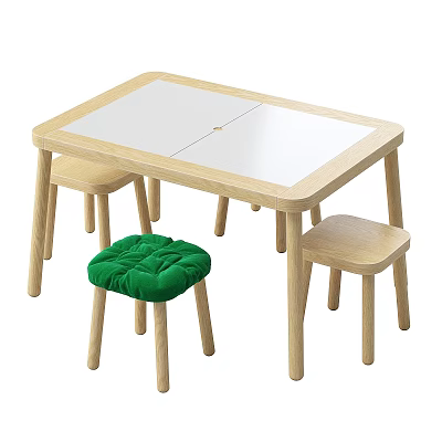 Light Wooden Kids Table With White Top And Two Stools Plus One Green Cushioned Stool 3d model