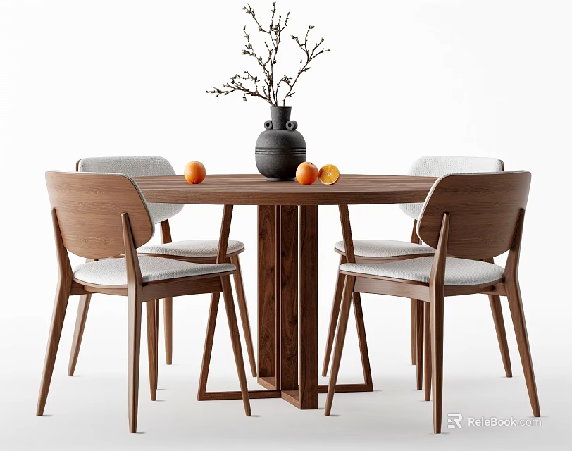 Modern Wooden Dining Table Set with Upholstered Chairs and Vase Decor and Oranges 3d model 