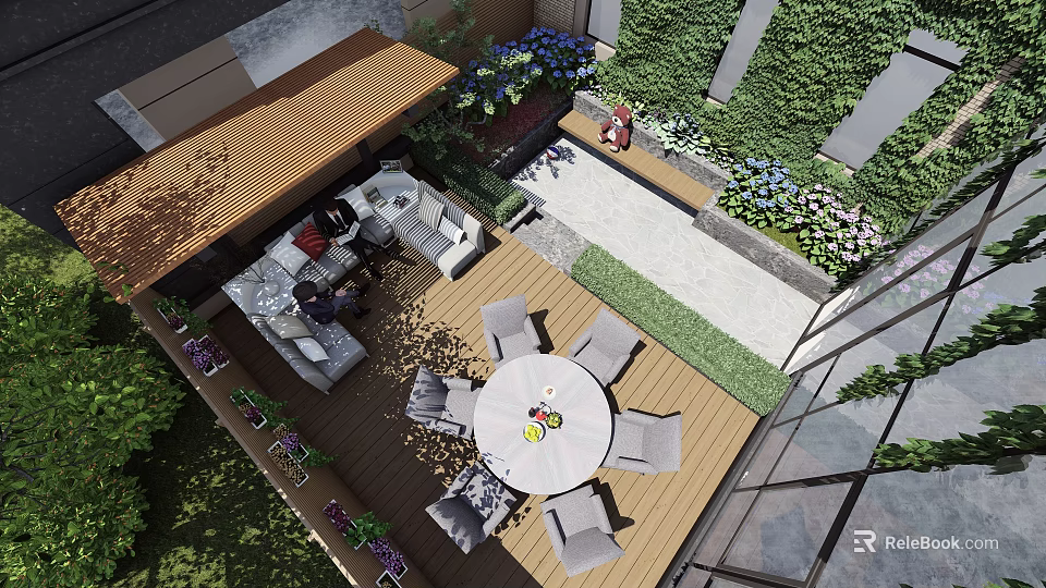 Garden Landscape Design With Wooden Deck Outdoor Dining Table Green Plant Wall And Flower Boxes 3d model 