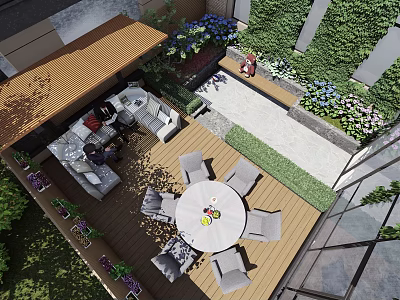 Garden Landscape Design With Wooden Deck Outdoor Dining Table Green Plant Wall And Flower Boxes 3d model