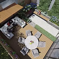 Garden Landscape Design With Wooden Deck Outdoor Dining Table Green Plant Wall And Flower Boxes