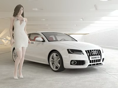 Elegant Woman in White Dress Standing Beside White Audi Car in Modern Garage 3d model