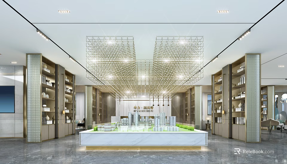 Modern Sales Office Interior Design With Model Display Lighting And Marble Countertop 3d model 