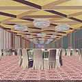 Elegant Banquet Hall With Wooden Ceiling Crystal Chandeliers White Chair Covers And Purple Flowers