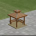 Wooden Pergola With Tile Roof And Benches On Paved Patio Green Grass Area