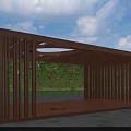 Wooden Pergola With Vertical Slats Shade Design Green Vegetation And Stone Pavement