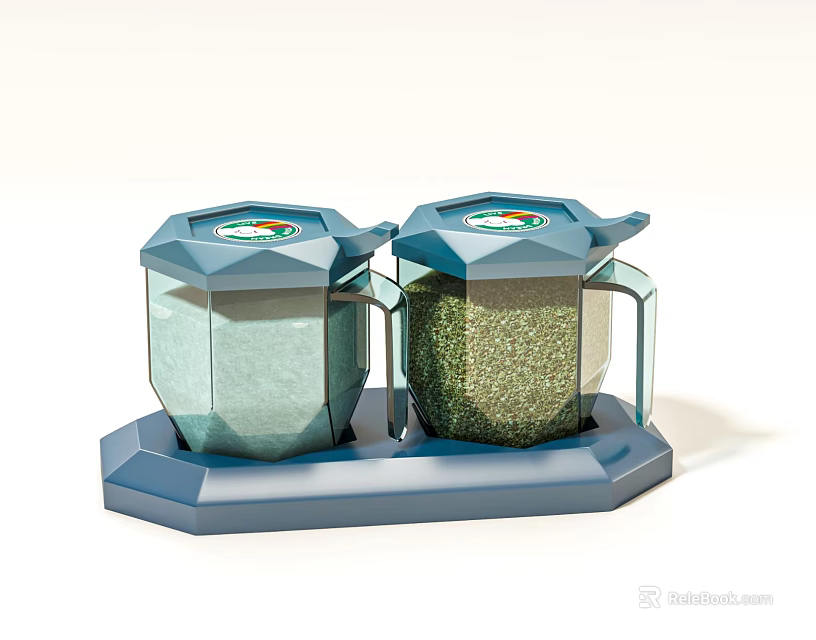 Double Transparent Glass Spice Jars On Blue Stand For Modern Kitchen Storage 3d model 