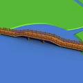 Red Arch Bridge Spanning Blue River With White Railings And Green Grass