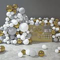 Gold White And Gray Spheres Stacked In Pyramid With Transparent Wine Glass And Geometric Panels