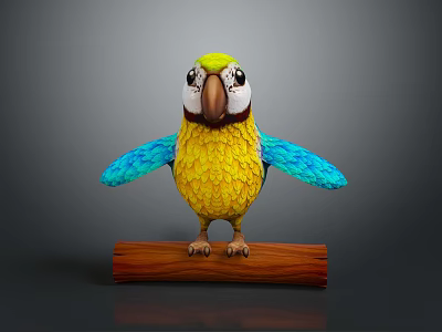 Yellow and Blue Parrot with White Face Standing on Wooden Log in Gray Background 3d model