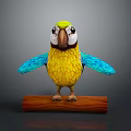 Yellow and Blue Parrot with White Face Standing on Wooden Log in Gray Background