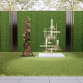 Abstract Wooden And Geometric Metal Sculptures In Garden With Green Hedge And Grass Lawn