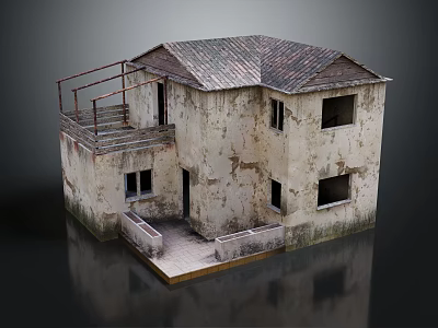Weathered Old House Model With Tiled Roof Small Balcony Railings And Square Windows 3d model