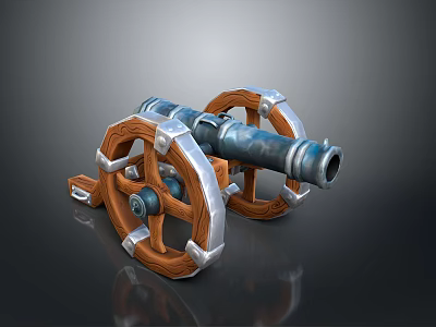 Vintage Cannon Weapon With Wooden Wheels Metal Barrel And Decorative Silver Accents 3d model