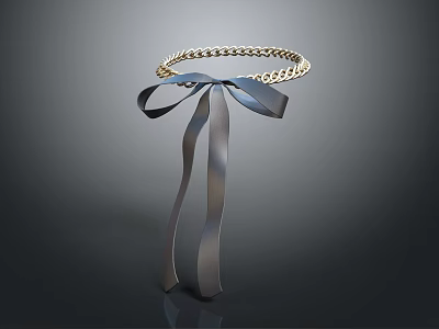 Elegant Gold Chain Necklace With Dark Blue Ribbon Bow And Dangling Ends 3d model