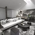 Modern Chinese Style Hotel Public Lounge Area with White Sofas Black Coffee Tables Gray Carpet