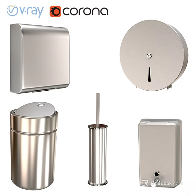 Stainless Steel Daily Washing Essentials With Toilet Paper Dispenser Trash Can And Brush Holder 3d model 