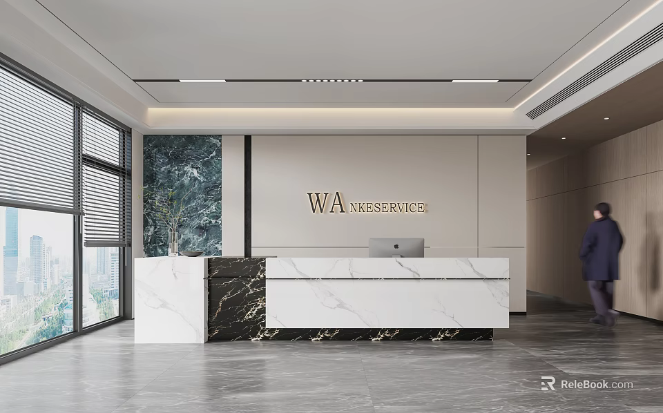 Modern Reception Area With Marble Front Desk WA SERVICES Sign Large Windows And Greenery View 3d model 