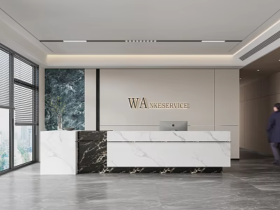 Modern Reception Area With Marble Front Desk WA SERVICES Sign Large Windows And Greenery View 3d model