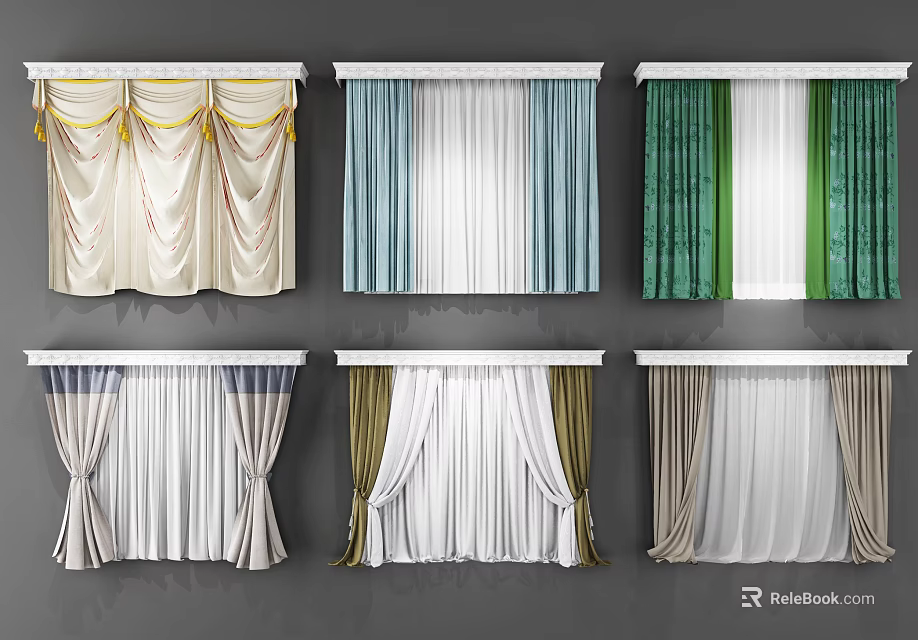 Various Curtain Styles With Sheer And Solid Fabrics In Multiple Colors For Home Interiors 3d model