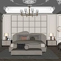 Luxurious Gray Bedroom Interior With Ornate Ceiling Chandelier Paneled Headboard Nightstands And Bench