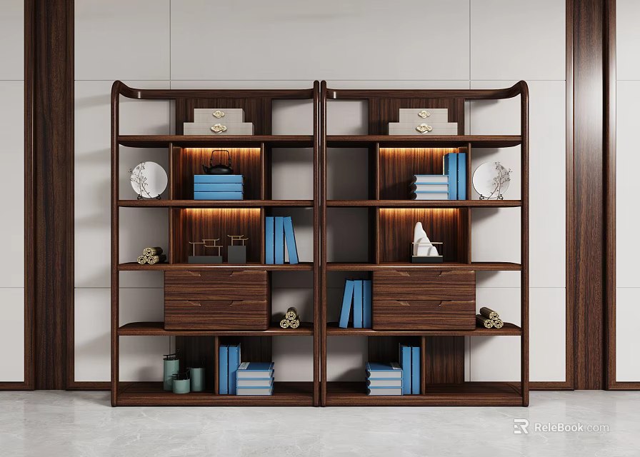 Modern Wooden Twin Bookcase With Books Decorative Items Drawers And White Wall 3d model 