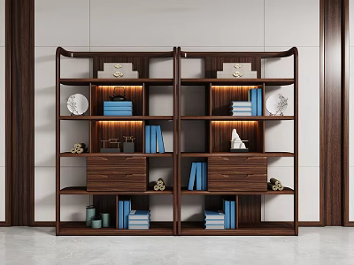 Modern Wooden Twin Bookcase With Books Decorative Items Drawers And White Wall 3d model